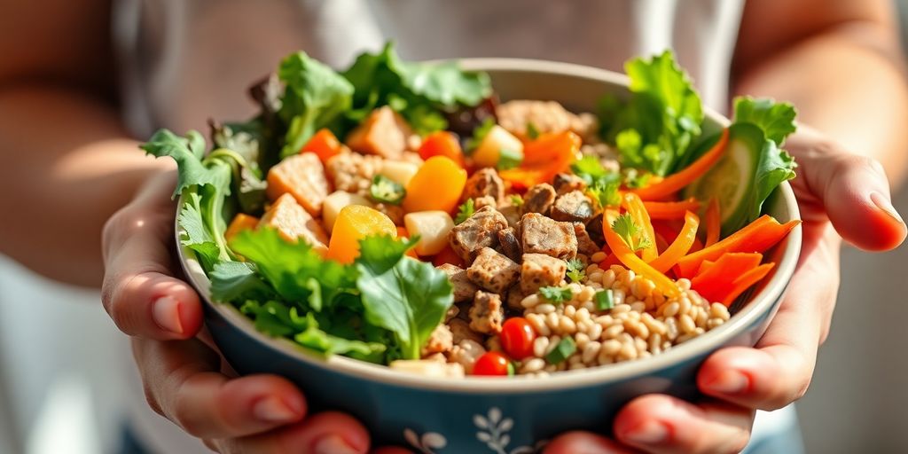 Healthy person enjoying balanced meal, vibrant ingredients.