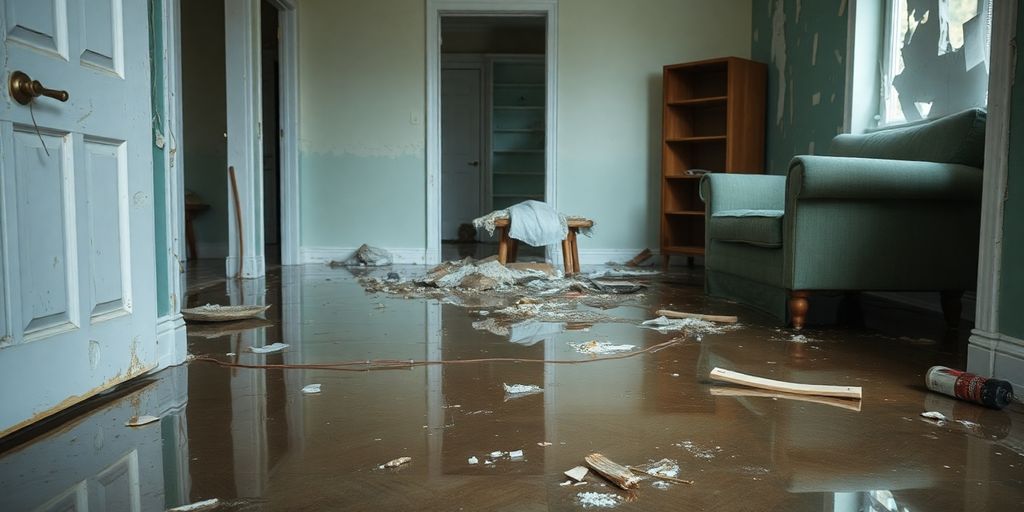 Water-damaged room with debris and soaked furniture.