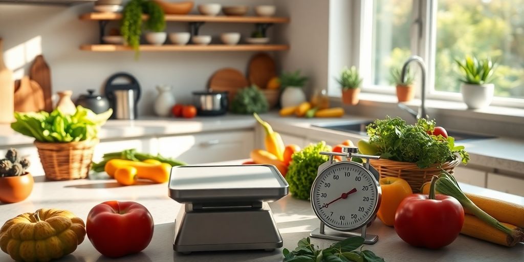 Bright kitchen with fresh produce and a weighing scale.