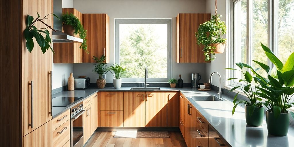 Modern kitchen with sustainable materials and natural lighting.