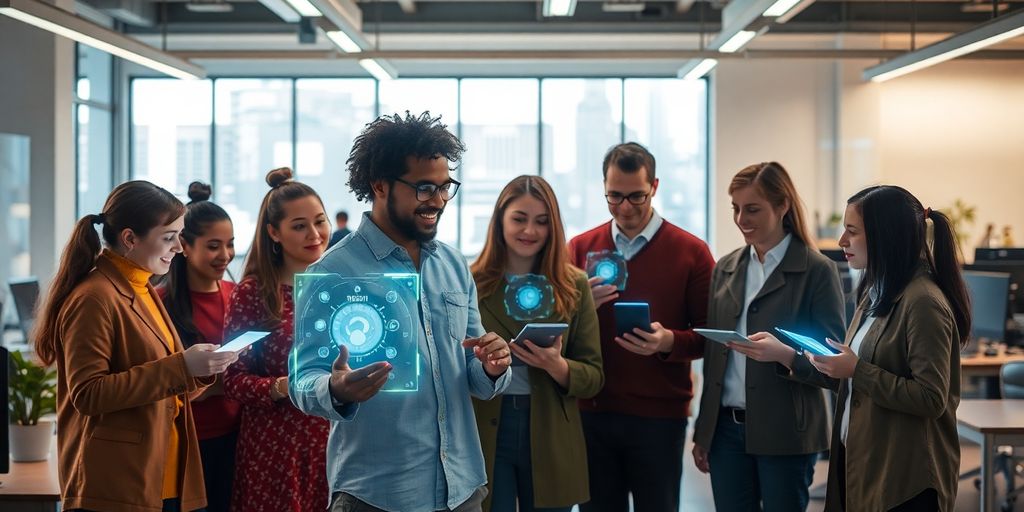 Menschen arbeiten an futuristischen digitalen Schnittstellen.