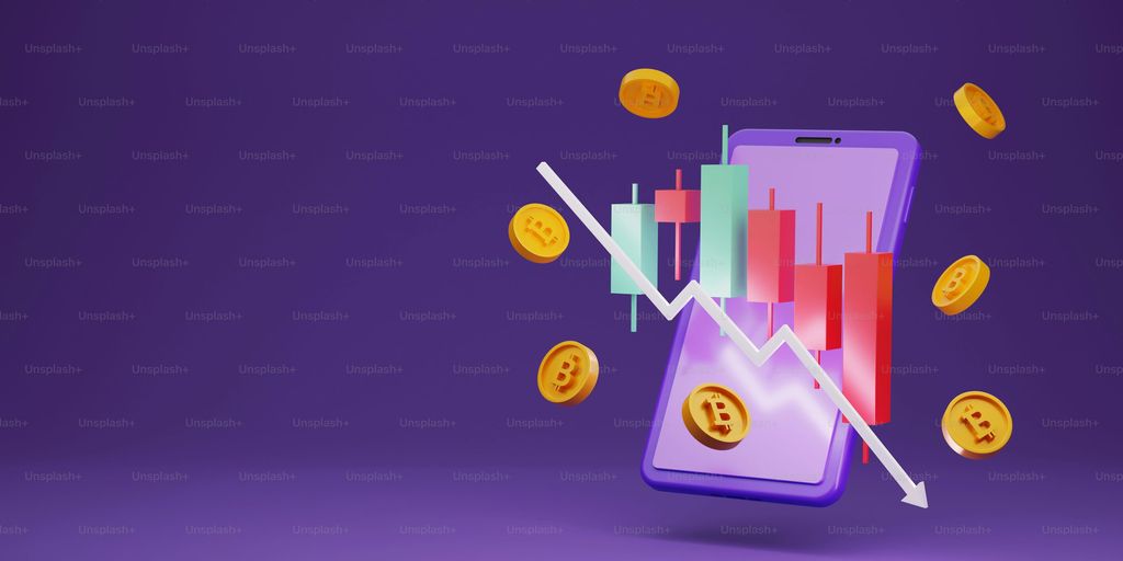 A smartphone displaying financial charts and cryptocurrency symbols.