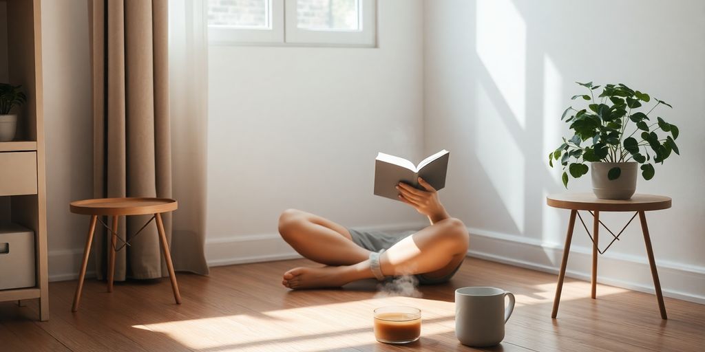 Adult reading book cross-legged on floor by plant and tea.