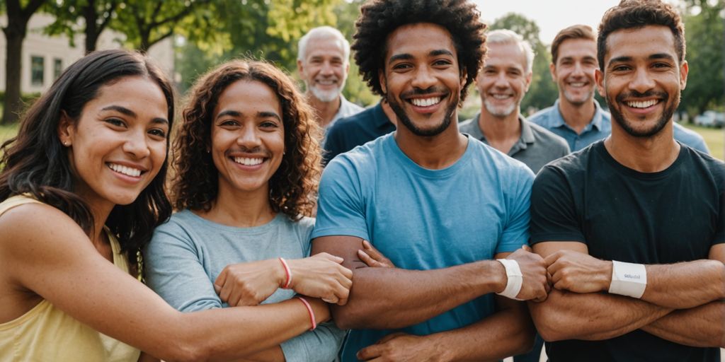 Diverse group showing vaccination band-aids
