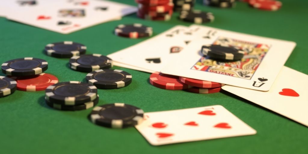 Blackjack cards and chips on a felt table.