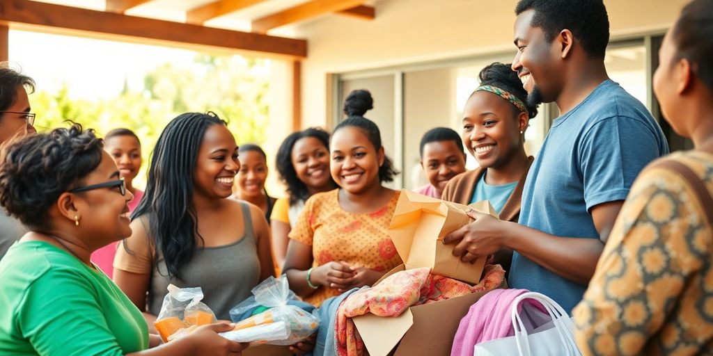 Grupo de voluntários ajudando uma família com apoio.
