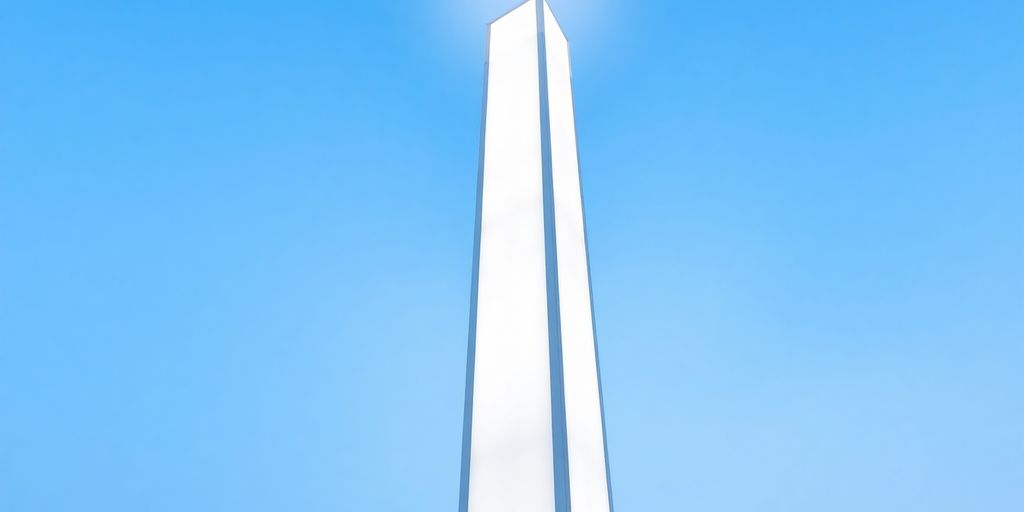Bright pylon structure against a clear sky.