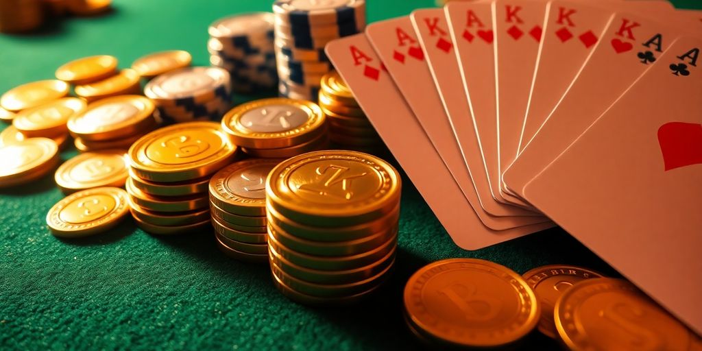 Casino chips and cards on a vibrant green table.