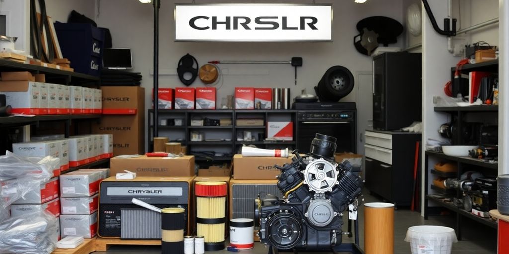 New Chrysler car parts arranged neatly.