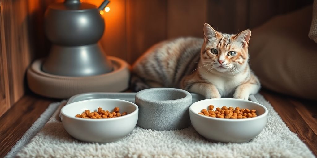 Senior cat dining area with soft bowls and mat.