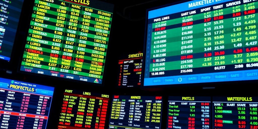 Sports betting lines displayed on screens.