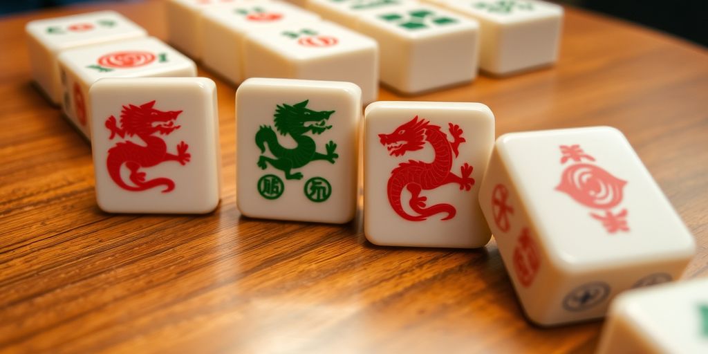 Mahjong tiles with red, green, and white dragons