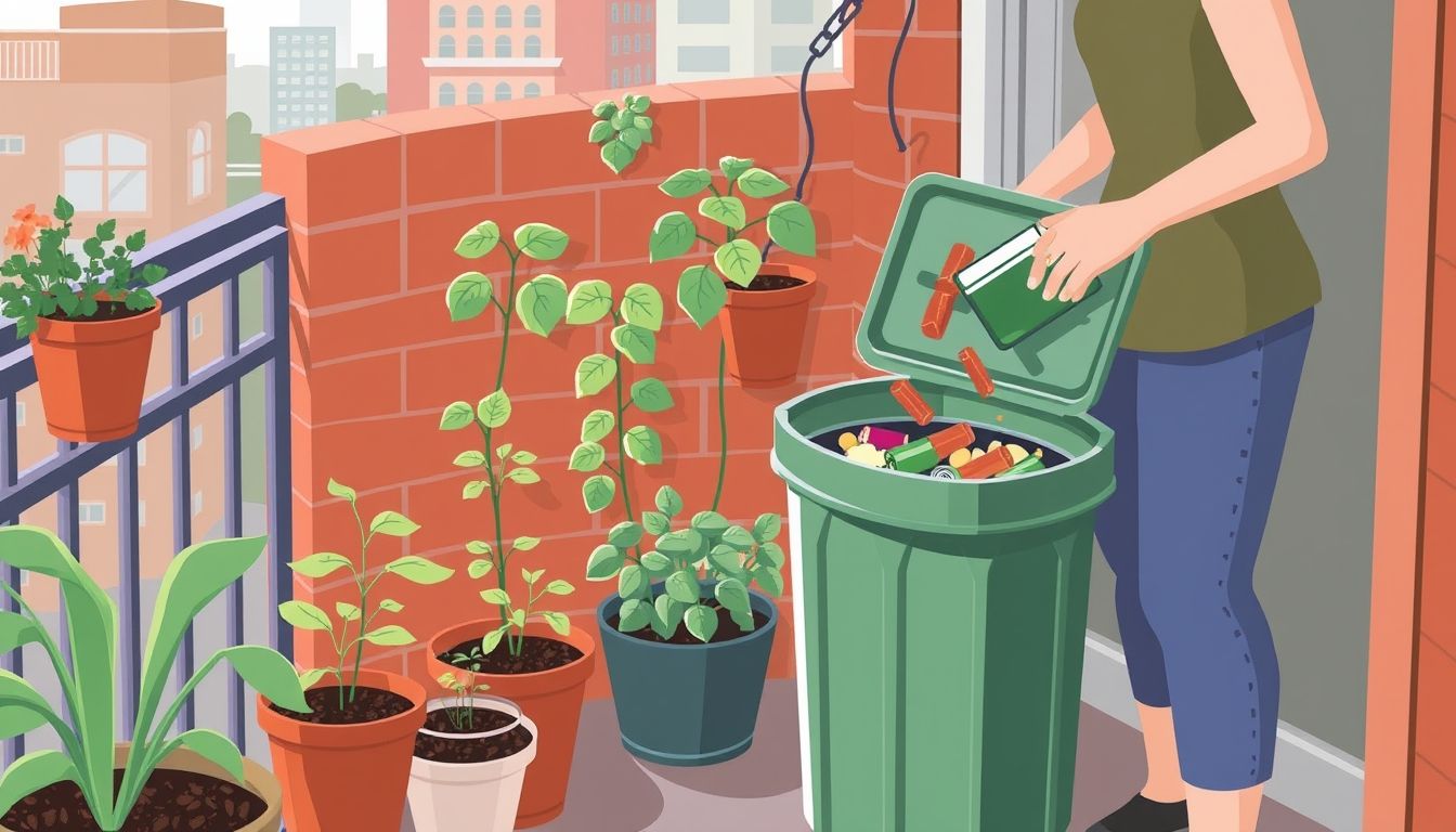 Urban balcony garden with compost bin and potted plants