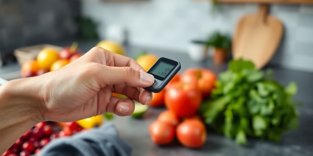 Person checking blood sugar, healthy food nearby.