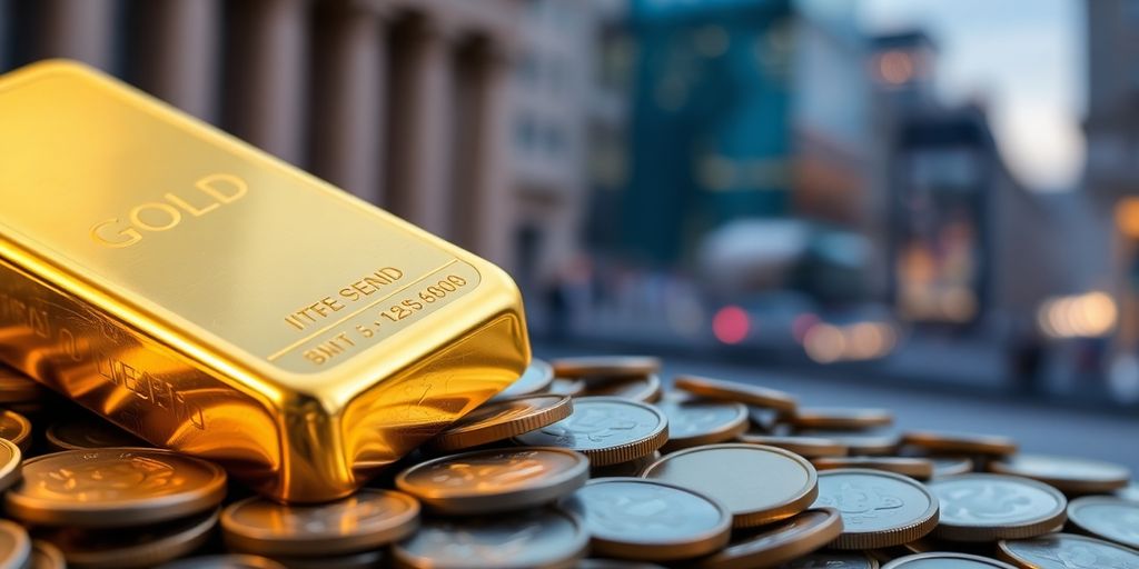 Barre d'or sur des pièces de monnaie.
