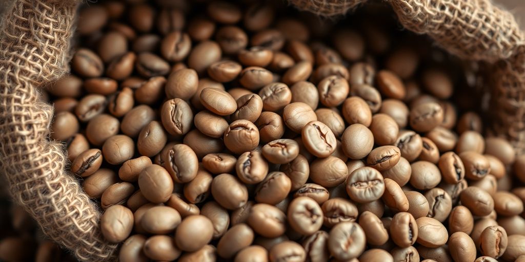 Light roast coffee beans in a burlap sack.