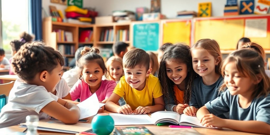 Diverse students engaged in a lively classroom learning environment.