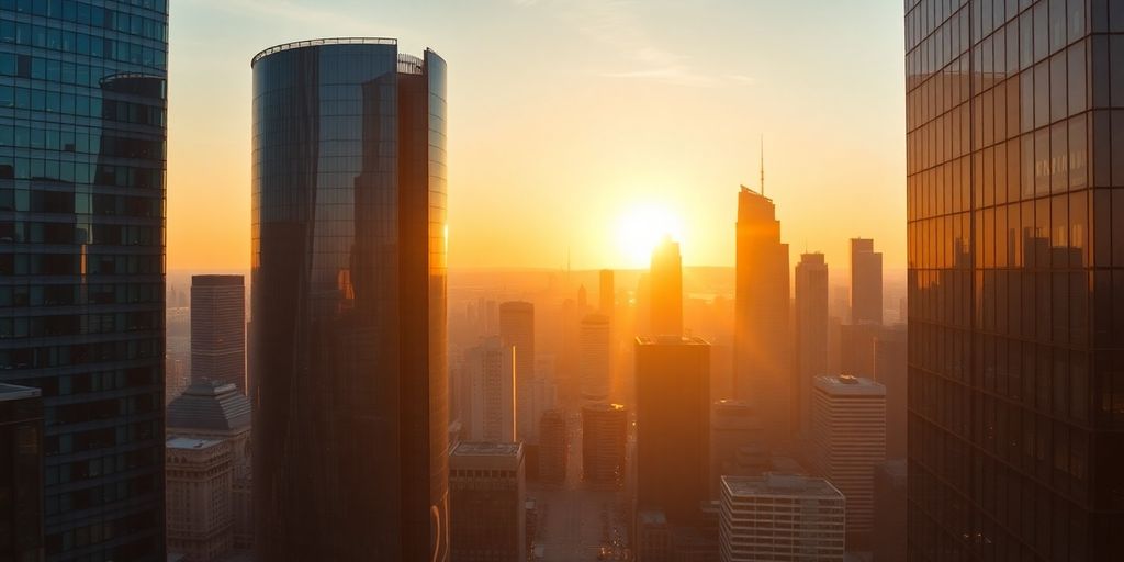Modern city skyline with financial district buildings.