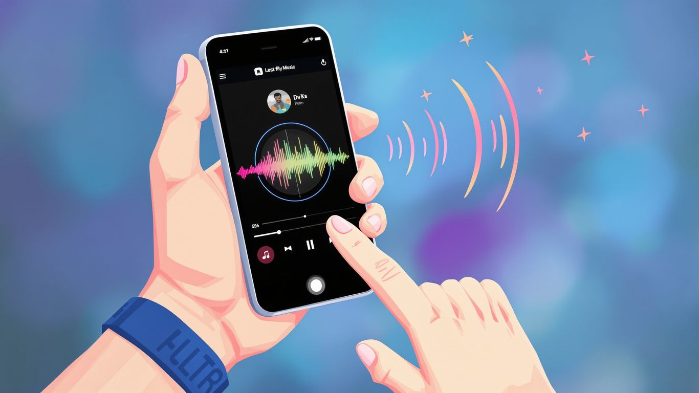 Hand holding phone with music waves