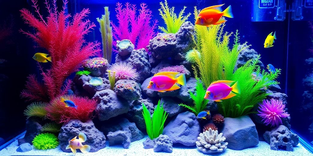 Makulay na saltwater fish tank na may substrate at dekorasyon.