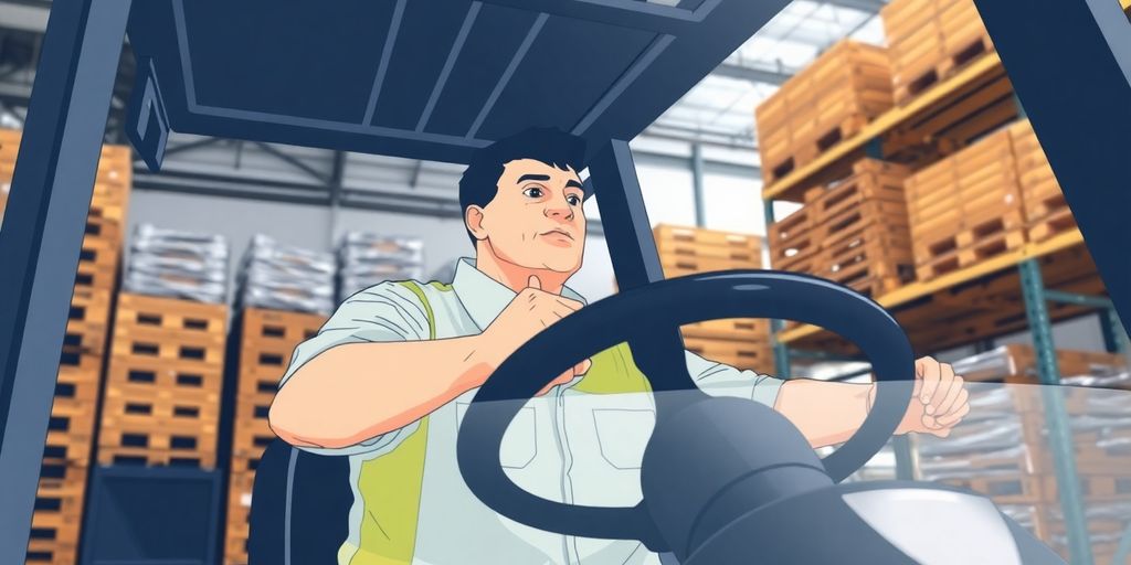 Forklift operator in warehouse.