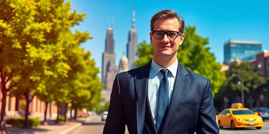 Person in suit walking past Philadelphia skyline.