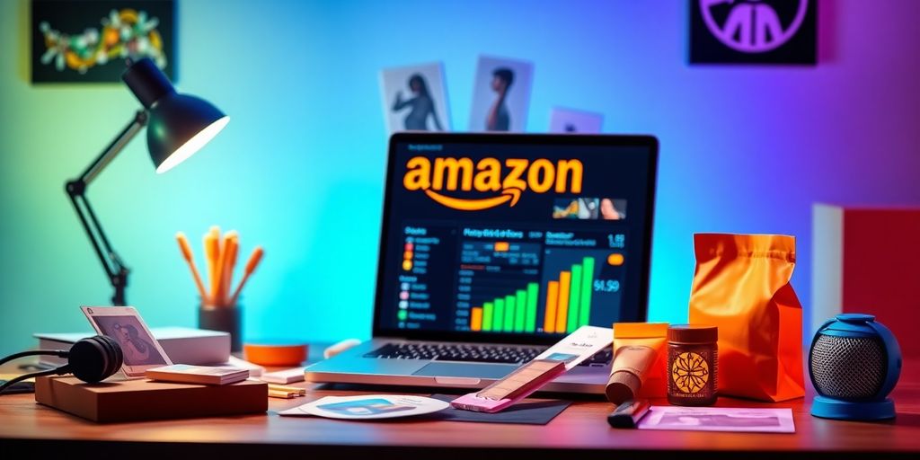 Ecommerce workspace with laptop and product samples.