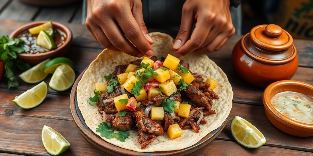 Vendor folding savory al pastor taco with cilantro and lime