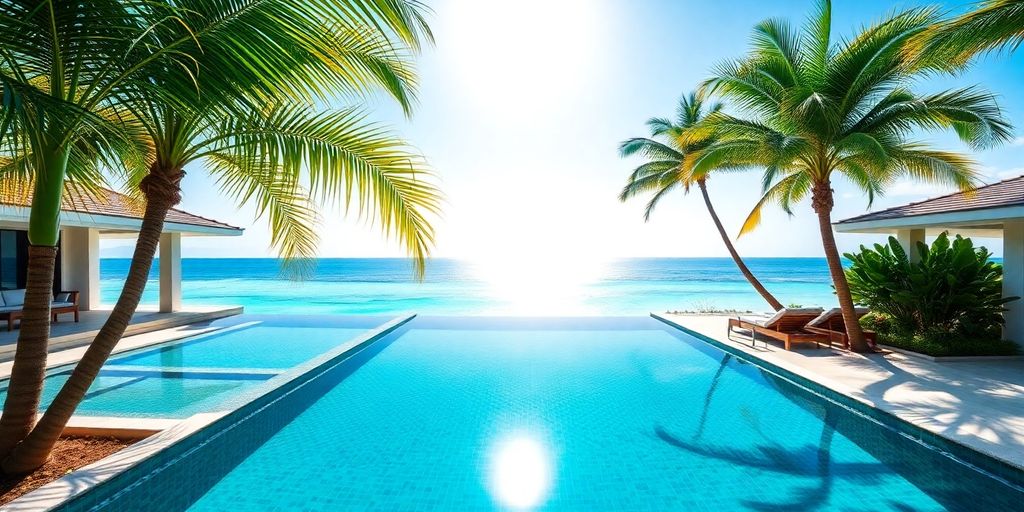 Luxury villa with ocean and palm trees.