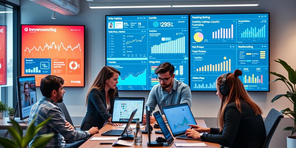 Profissionais de marketing digital colaborando em escritório moderno