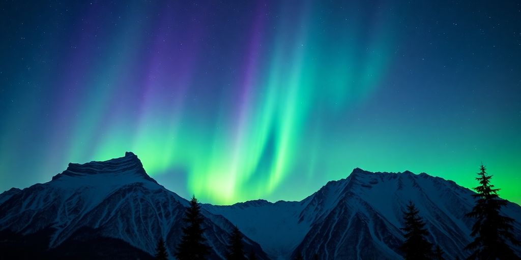 Vibrant green aurora borealis over snowy Alaskan mountains at night.