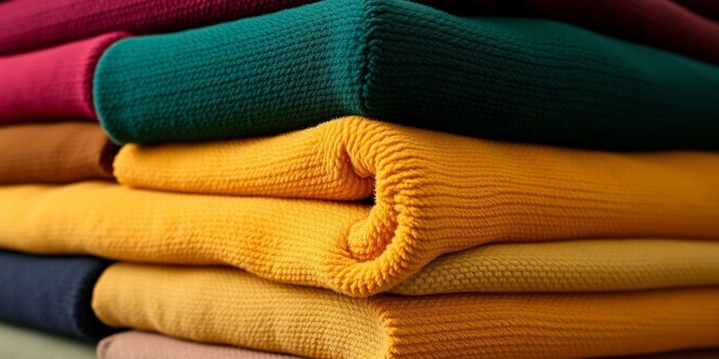 Plush chenille fabric rolls, rich colors, soft textures.