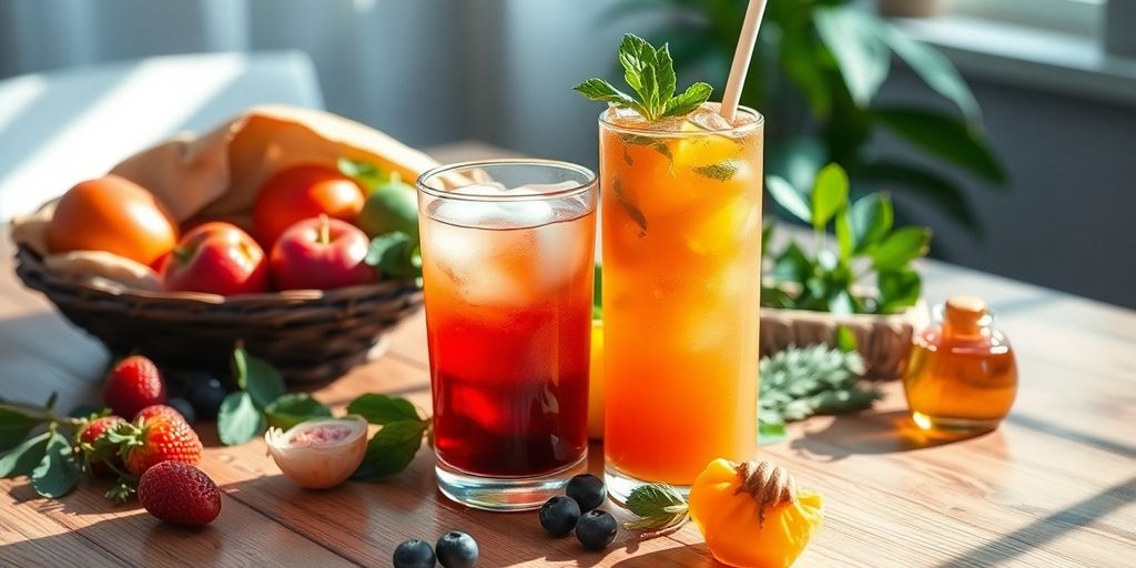 Colorful energy drink with fruits and herbs in sunlight.