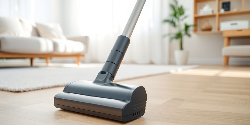 Moderne Akkusauger in einem hellen Wohnzimmer.