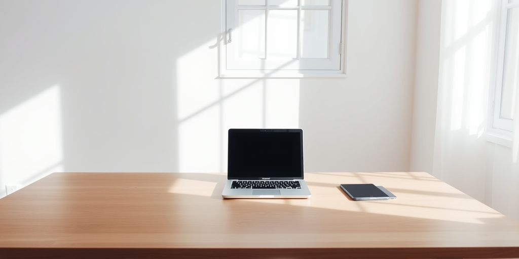 Minimalist workspace with laptop and sunlight