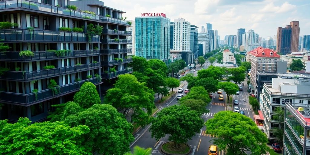Cityscape of Bangkok with modern serviced apartments.