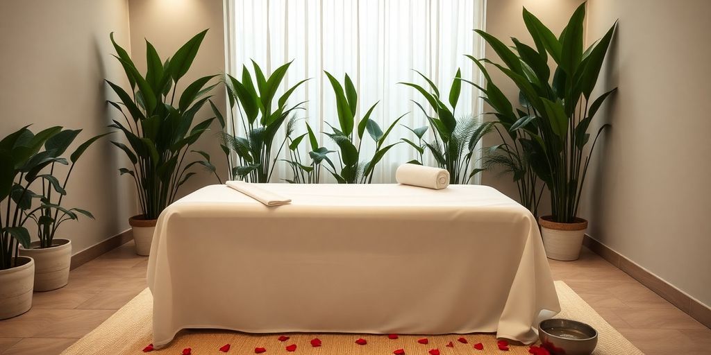 Calm spa setting with massage table and rose petals.