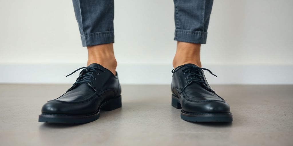 Man's feet in orthopaedic shoes standing.