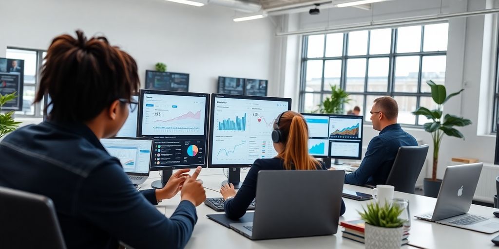 Profissionais de marketing digital em ambiente moderno e colaborativo.