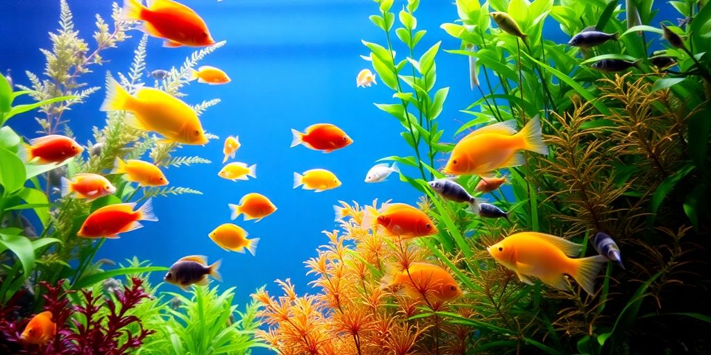 Makukulay na isda na lumalangoy sa isang masaganang setting ng aquarium.