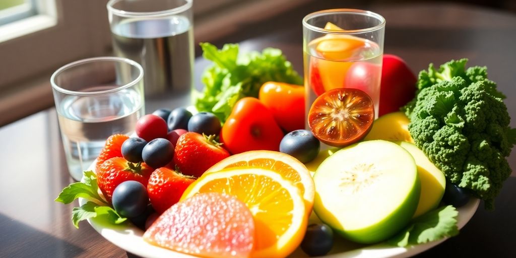 Colorful fruits, vegetables, and a glass of water.