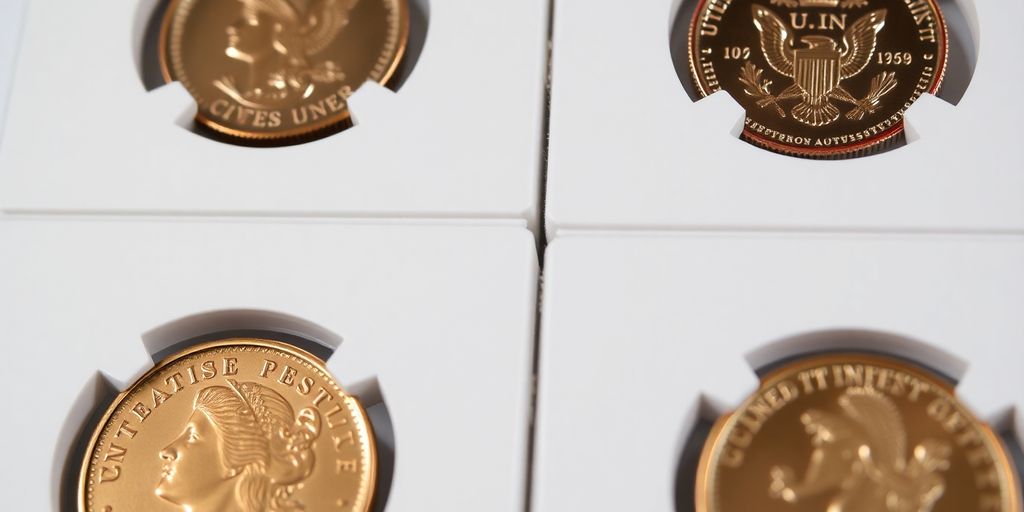 Graded coins in protective holders, emphasizing quality and detail.