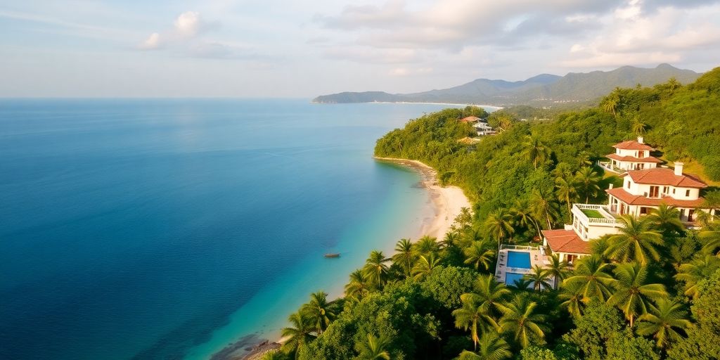 Scenic coastline of Phuket with luxury villas and greenery.