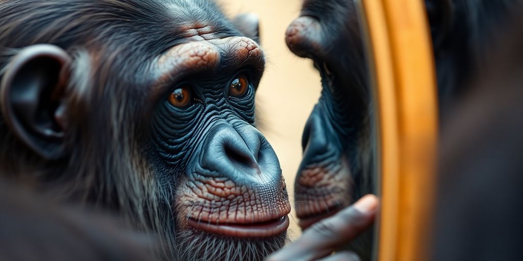 Chimpanzee looking into a mirror, displaying self-awareness.