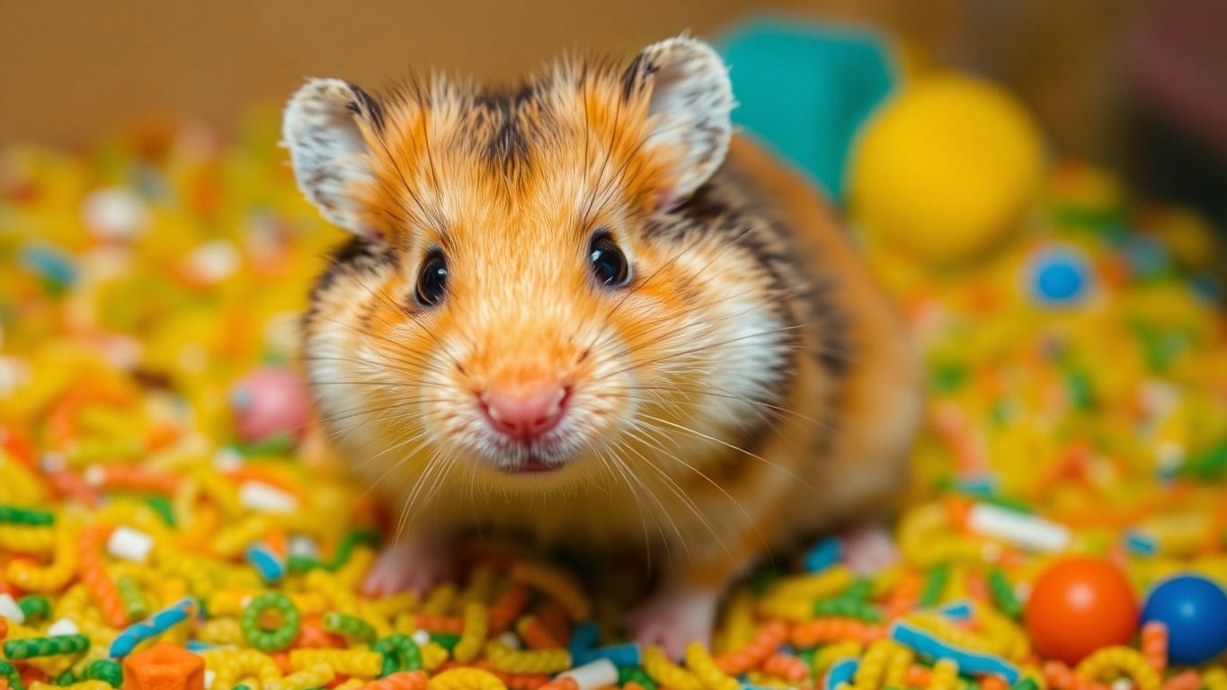 Hamster curioso em um ambiente colorido e natural.
