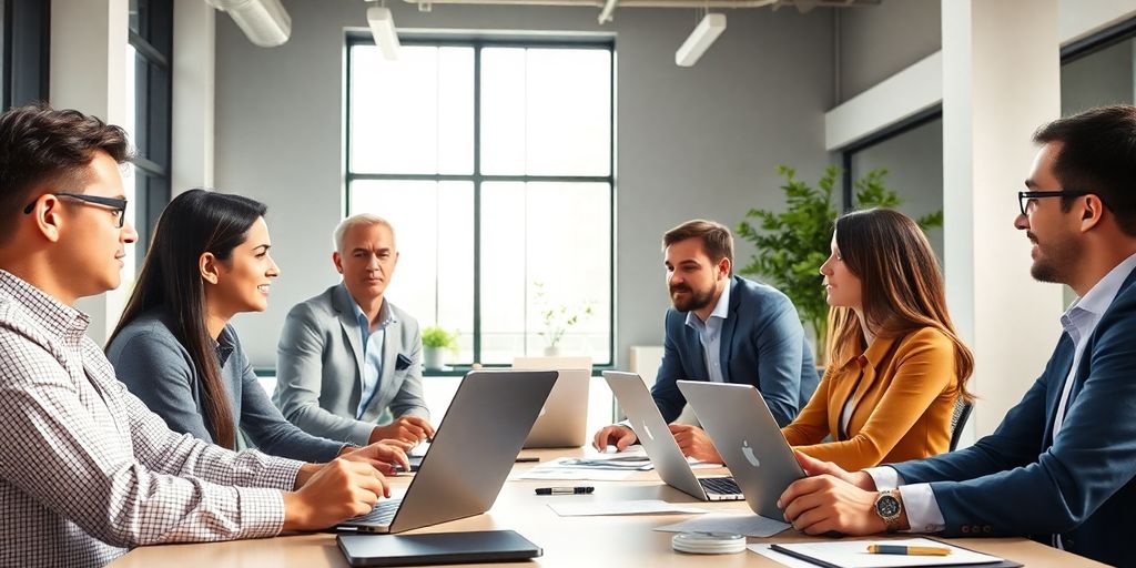 Diverse investors discussing in a modern, well-lit office.
