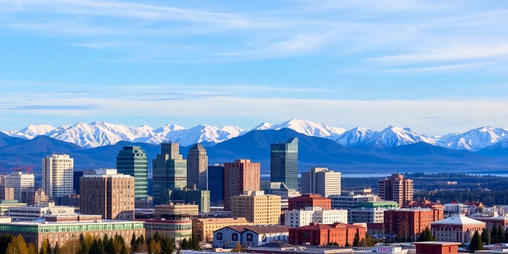 Skyline of Anchorage with mountains and urban buildings.