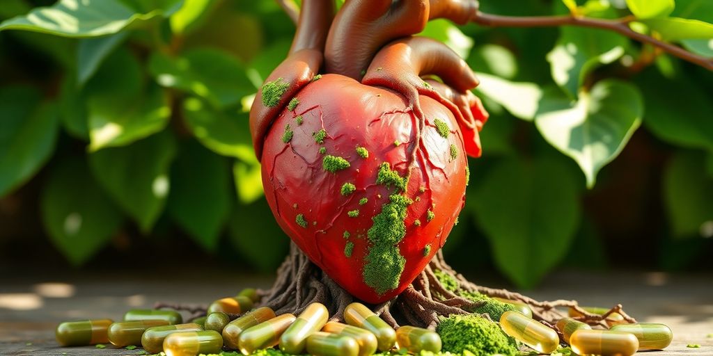 Heart, roots, healthy supplements, green leaves, natural light.