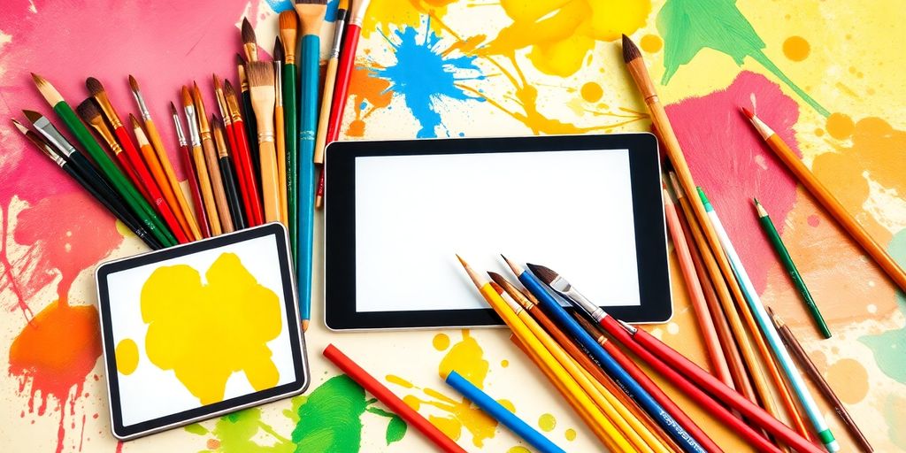 Traditional art tools and modern tech gadgets together.