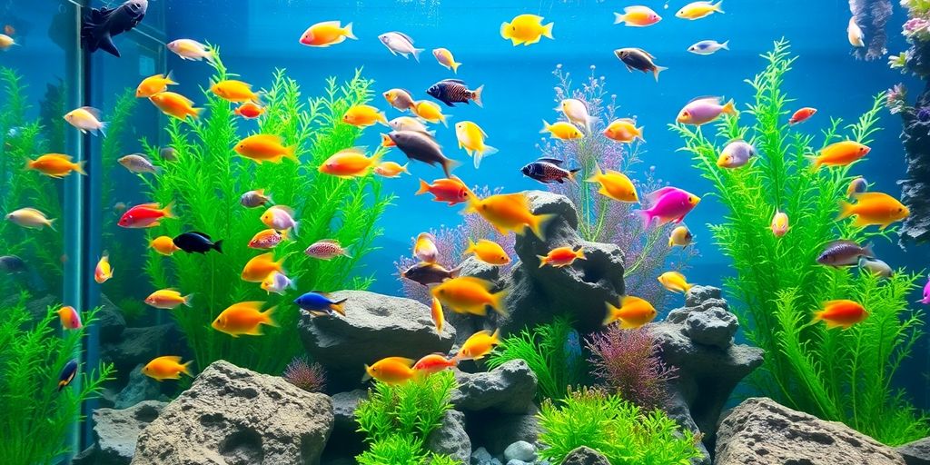 色彩斑斓的鱼在郁郁葱葱的水族箱中与植物一起游动。